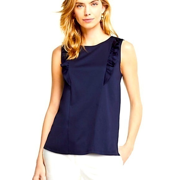 Ann Taylor Navy‎ Blue Refined Cotton Ruffle Shell Sz XS - Picture 1 of 6